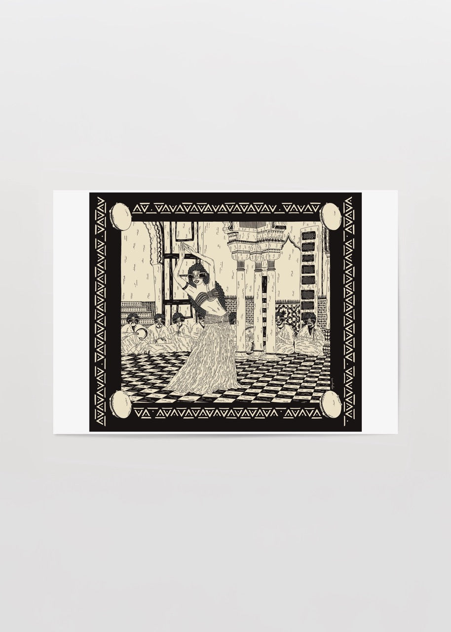 Desenli bir çerçeve içinde, geleneksel mekânda dans eden bir oryantal figürün siyah beyaz çizimlerle betimlendiği detaylı illüstrasyon.