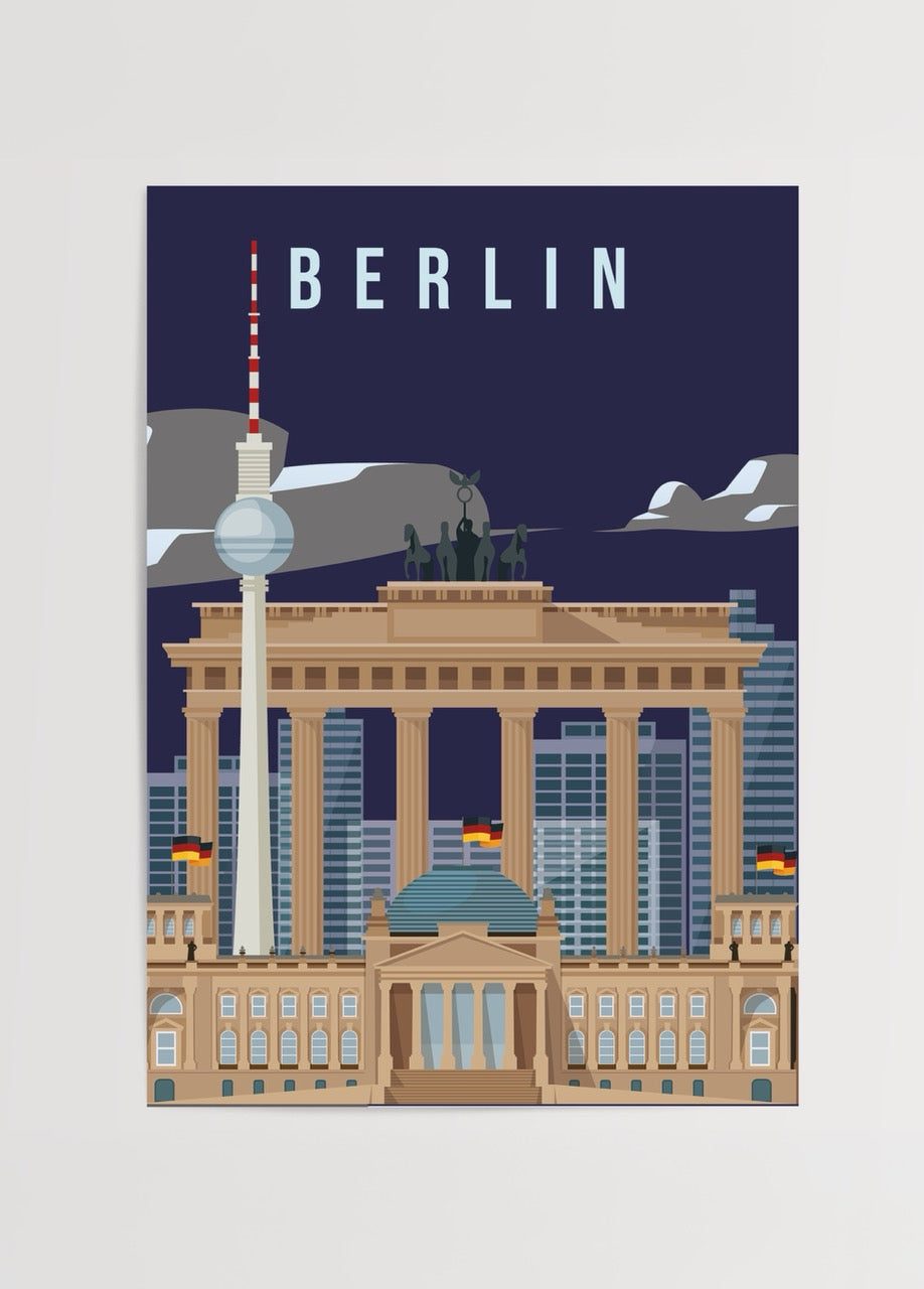 Berlin Brandenburg Kapısı ve Televizyon Kulesi’ni içeren lacivert fonlu modern şehir illüstrasyonu posteri