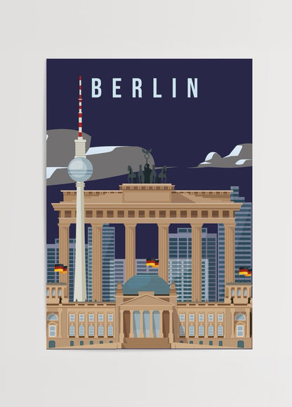 Berlin Brandenburg Kapısı ve Televizyon Kulesi’ni içeren lacivert fonlu modern şehir illüstrasyonu posteri