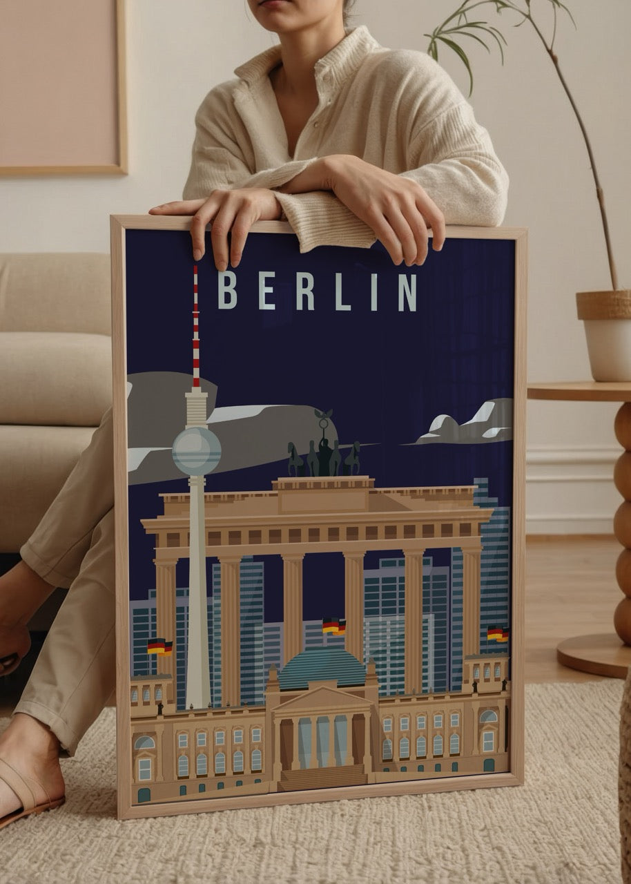 Berlin Brandenburg Kapısı ve Televizyon Kulesi’ni içeren lacivert fonlu modern şehir illüstrasyonu posteri