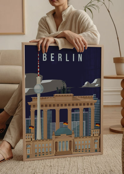 Berlin Brandenburg Kapısı ve Televizyon Kulesi’ni içeren lacivert fonlu modern şehir illüstrasyonu posteri