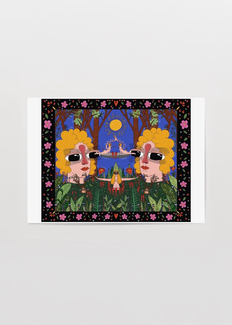 Çiçekli çerçeve içinde, büyük gözlü iki figürün simetrik yerleştiği, orman ve güneş motifleriyle çevrili detaylı ve renkli illüstrasyon.