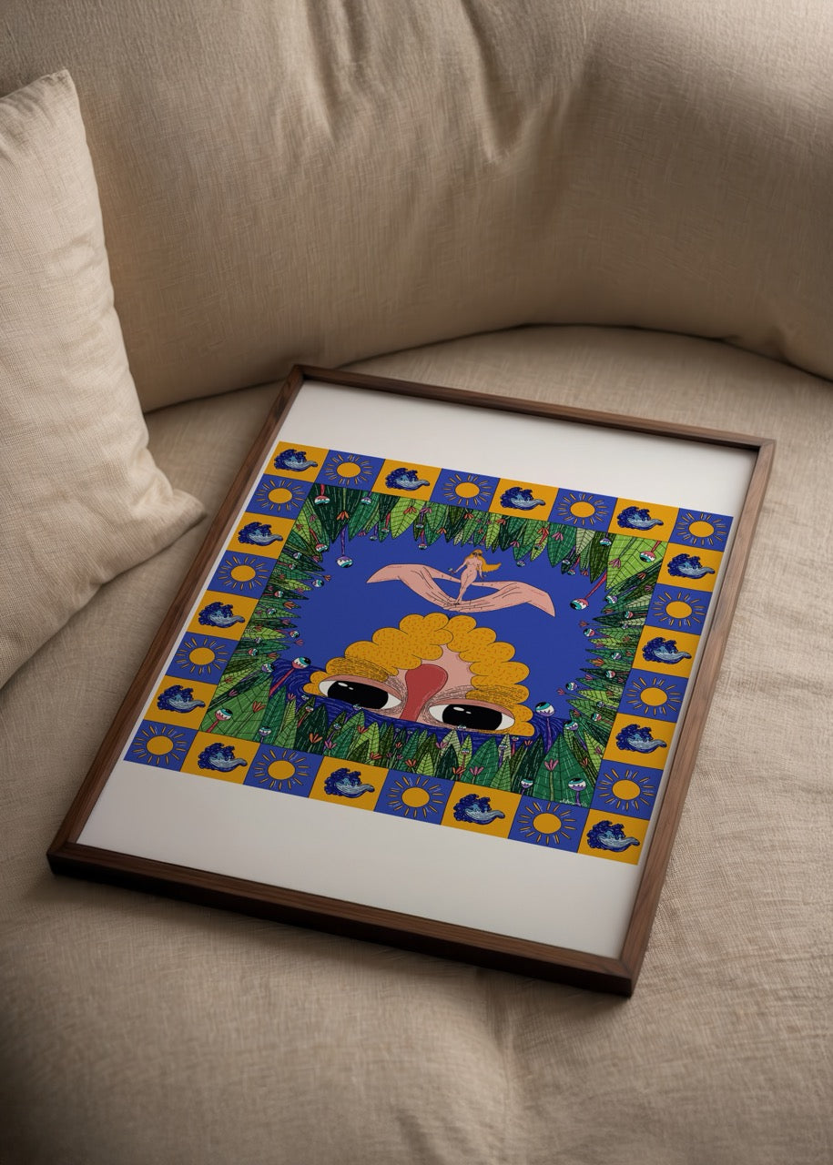 Renkli bir çerçeve içinde, büyük gözlü bir figür, çevresini saran bitkiler, dalga ve güneş sembolleriyle oluşturulmuş detaylı ve simetrik illüstrasyon.