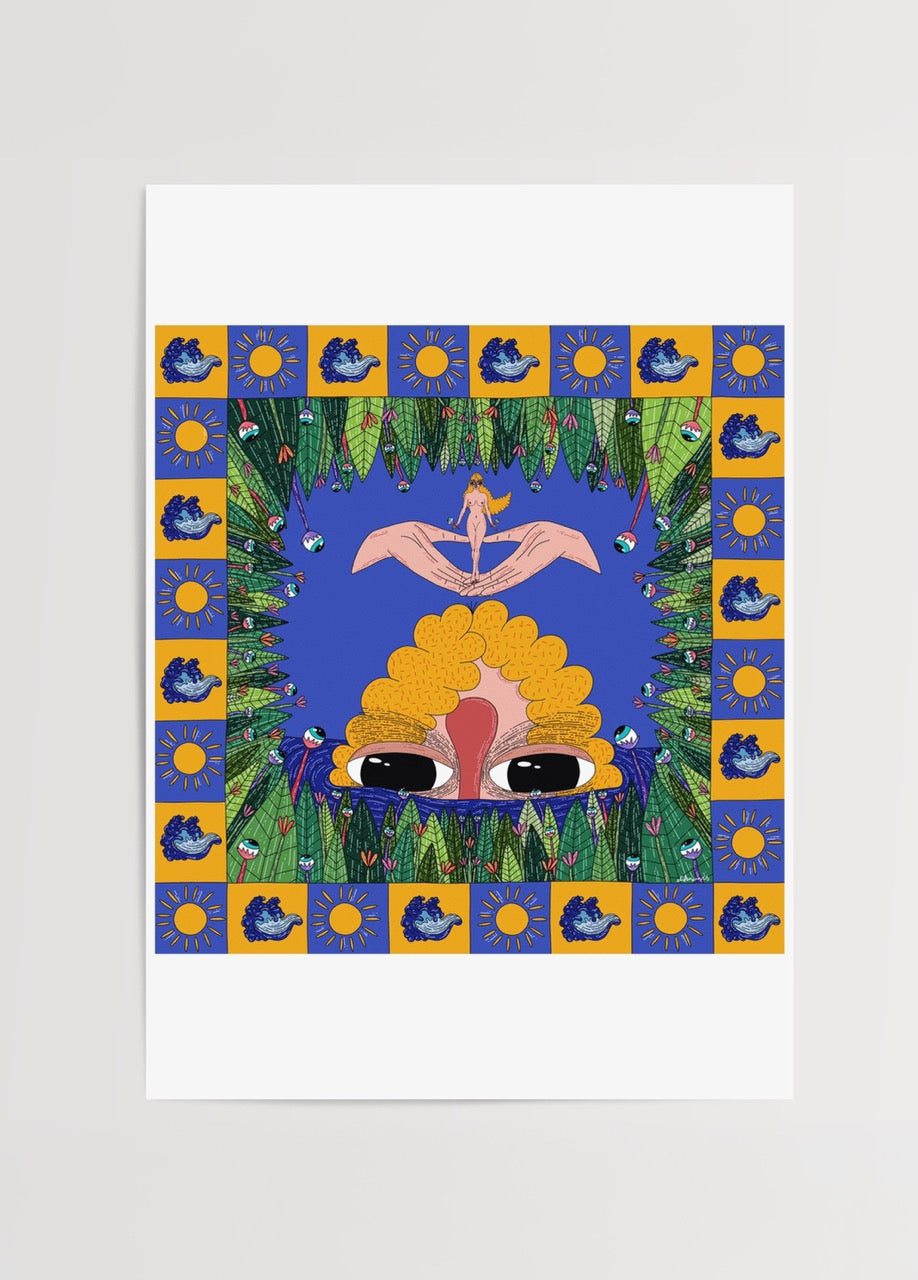 Renkli bir çerçeve içinde, büyük gözlü bir figür, çevresini saran bitkiler, dalga ve güneş sembolleriyle oluşturulmuş detaylı ve simetrik illüstrasyon.
