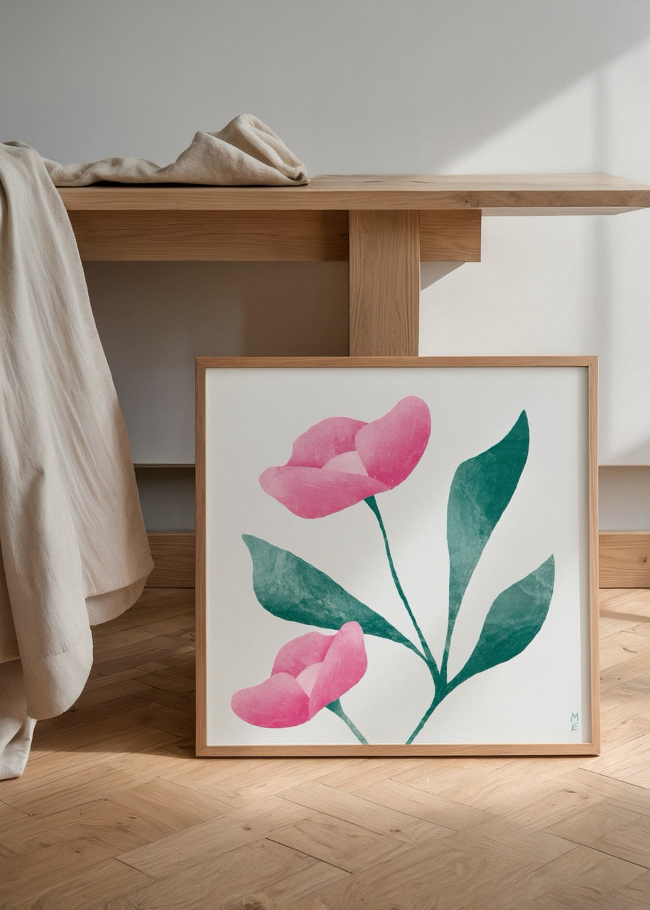 Blossom posteri, Melisa Ermiş’in pembe çiçek ve yeşil yaprak illüstrasyonu