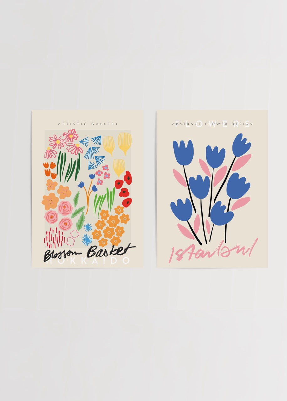 Blossom Basket Hokkaido ve Abstract Flower Istanbul ikili poster seti – modern çiçek desenli poster baskıları