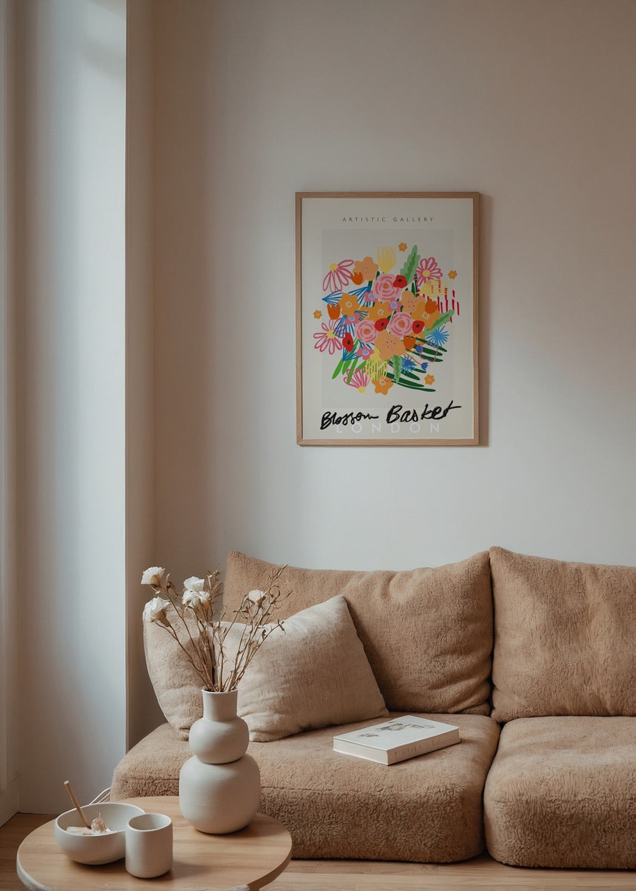 Renkli çiçek illüstrasyonlu Blossom Basket London poster baskı