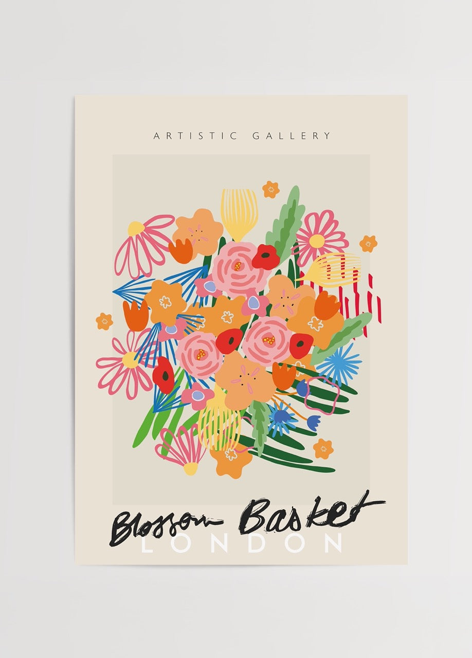 Renkli çiçek illüstrasyonlu Blossom Basket London poster baskı