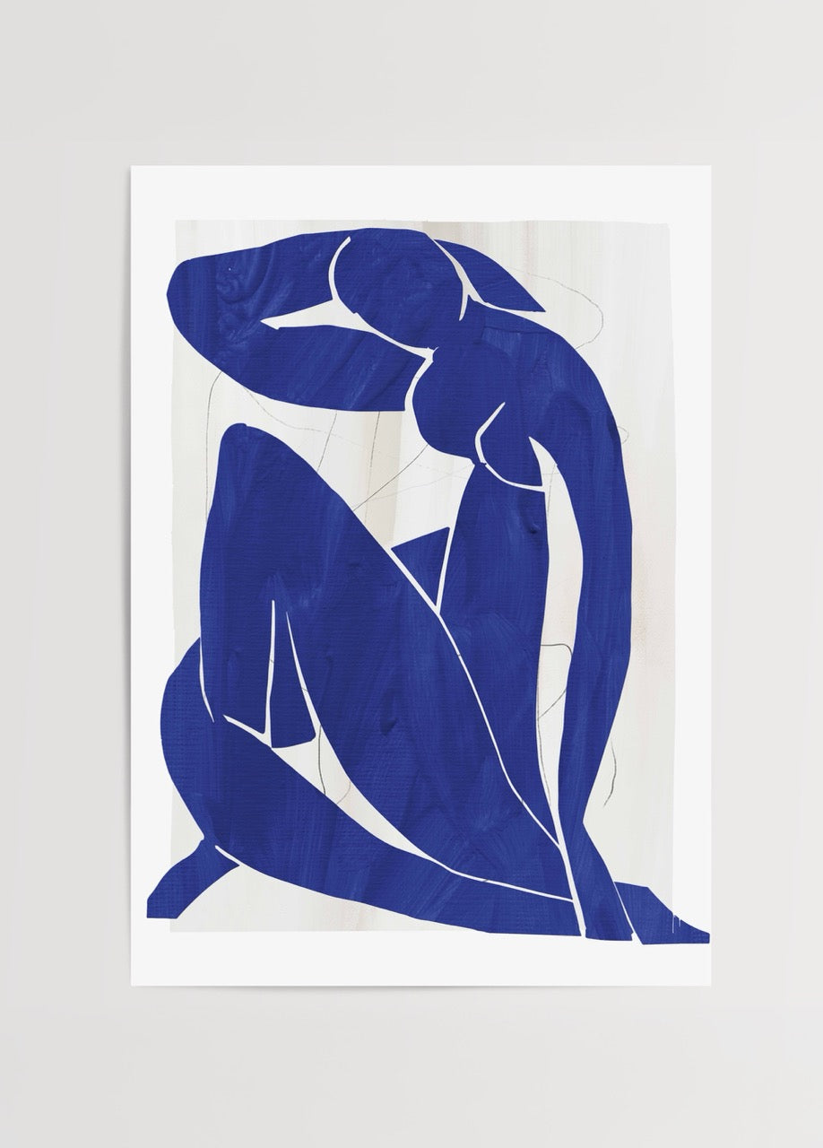 Mavi tonlarda soyut insan figürü illüstrasyonundan oluşan modern poster baskı