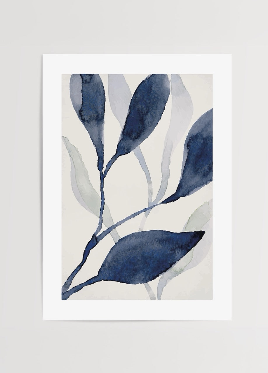 Lacivert yaprak desenli Blue Botanical Leaves minimalist botanik poster baskı