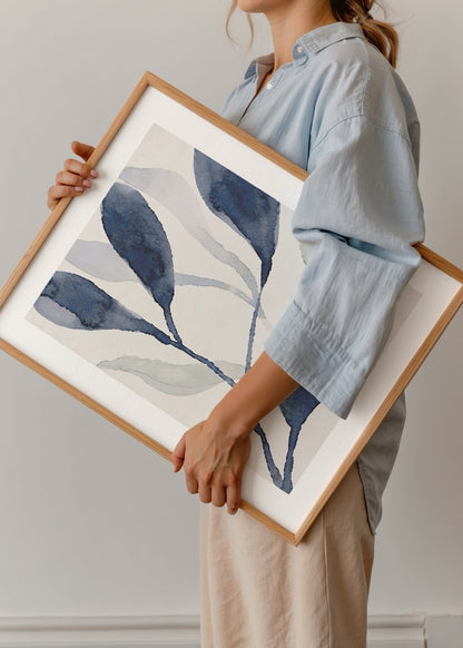 Lacivert yaprak desenli Blue Botanical Leaves minimalist botanik poster baskı