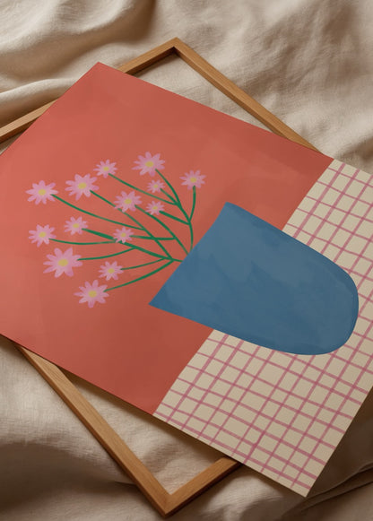 Blue Pot Bloom poster baskı, mavi saksılı pembe çiçek illüstrasyonlu modern floral duvar dekoru