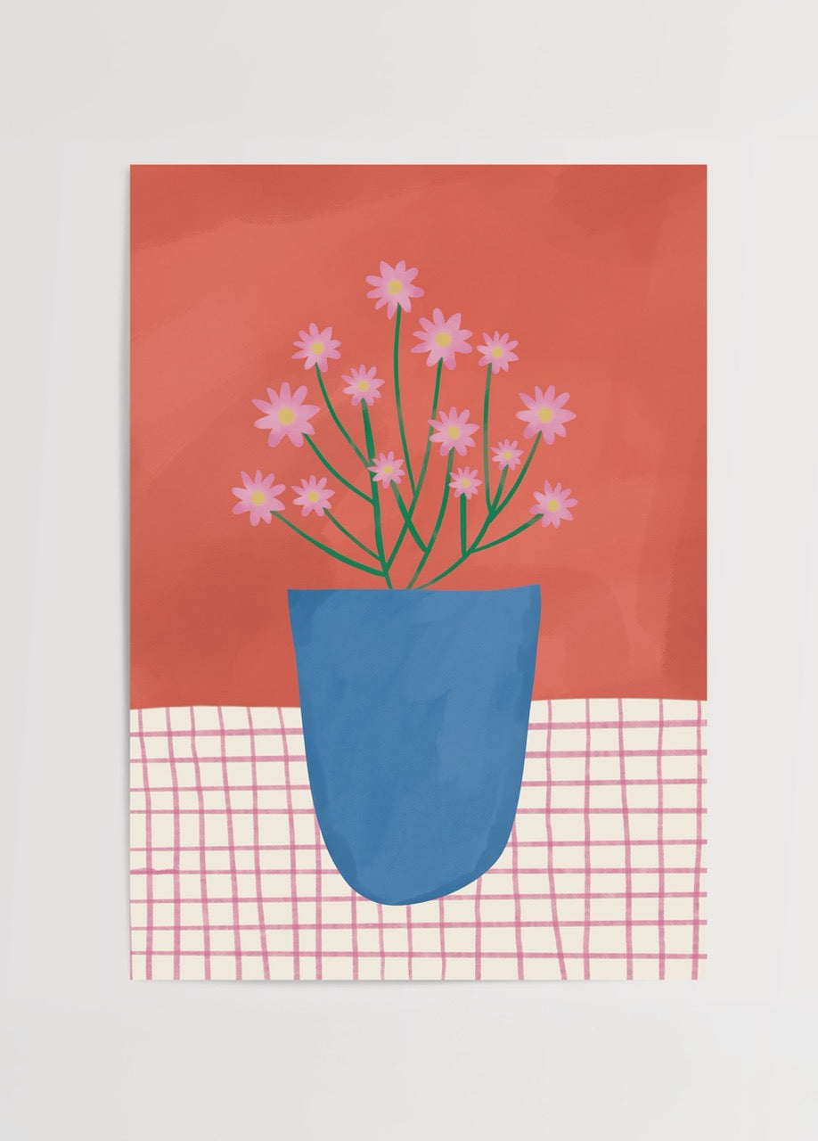 Blue Pot Bloom poster baskı, mavi saksılı pembe çiçek illüstrasyonlu modern floral duvar dekoru