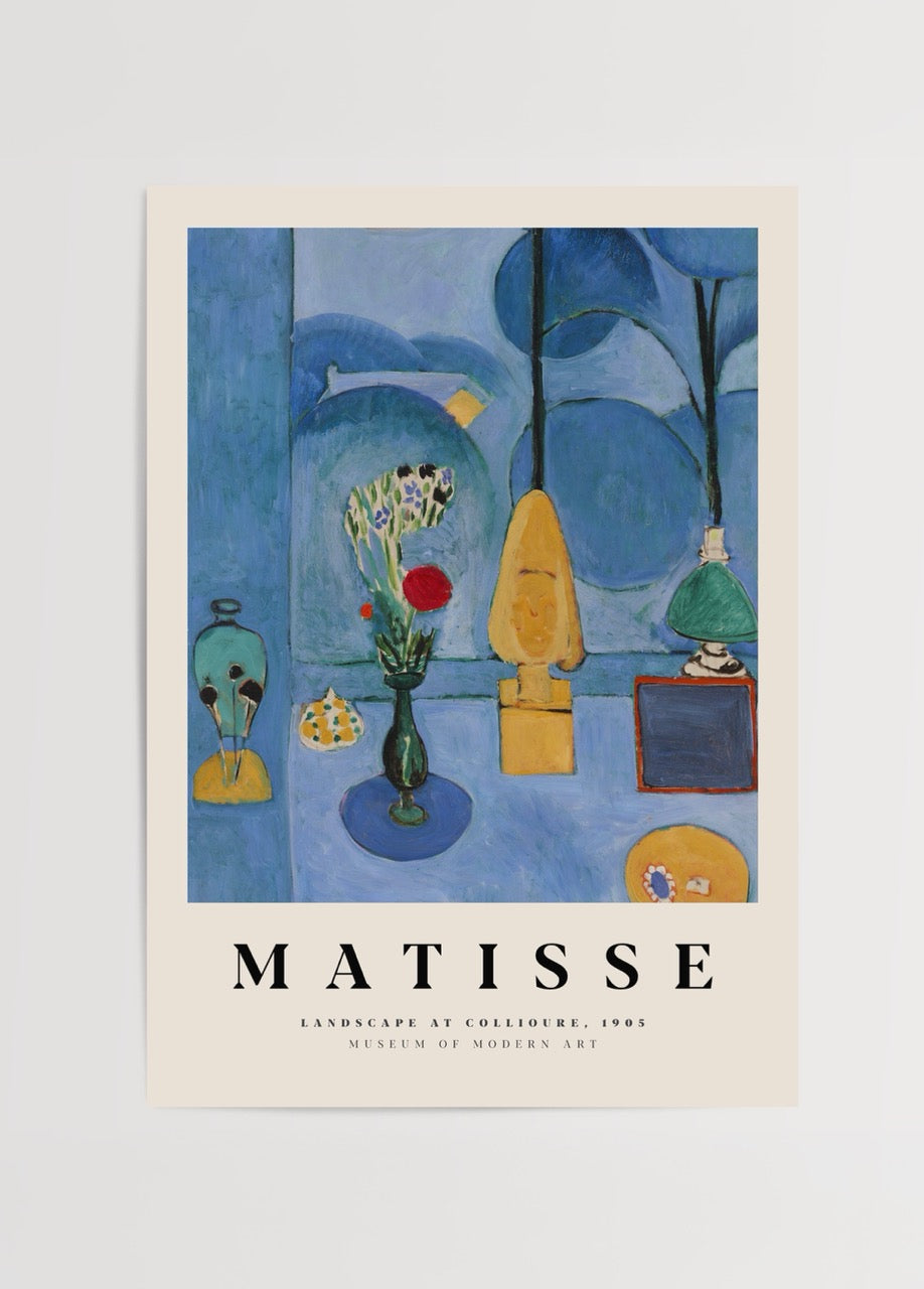 Henri Matisse’in Blue Studio temasından ilham alan mavi ağırlıklı soyut natürmort posteri
