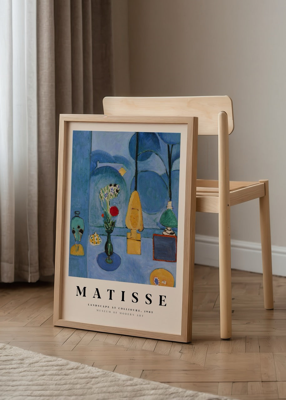 Henri Matisse’in Blue Studio temasından ilham alan mavi ağırlıklı soyut natürmort posteri