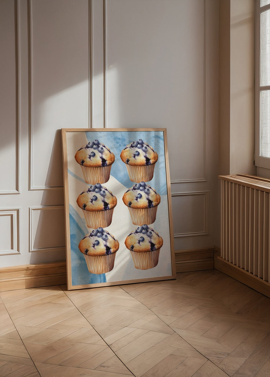 Sulu boya tarzında çizilmiş blueberry muffin illüstrasyonlarının tekrar ettiği modern mutfak posteri.