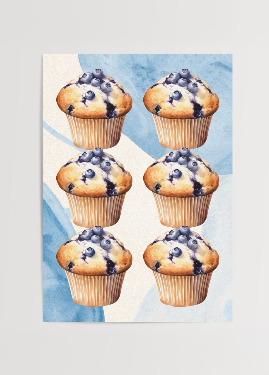 Sulu boya tarzında çizilmiş blueberry muffin illüstrasyonlarının tekrar ettiği modern mutfak posteri.