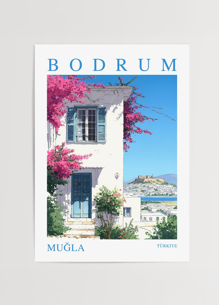 Bodrum Muğla posteri, begonvillerle süslü beyaz evler ve Bodrum Kalesi manzaralı illüstratif tasarım