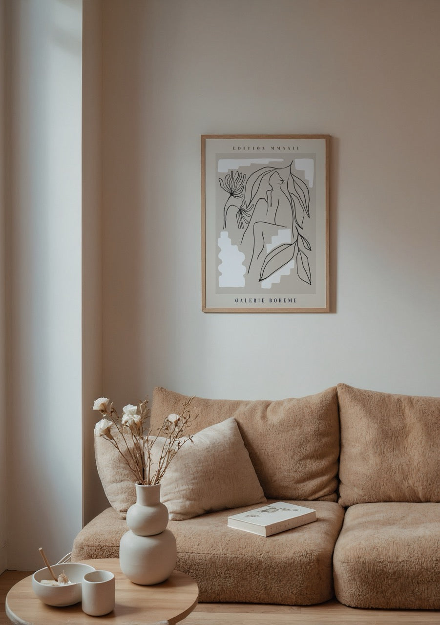 Kadın figürlü bohem çizgi illüstrasyon poster