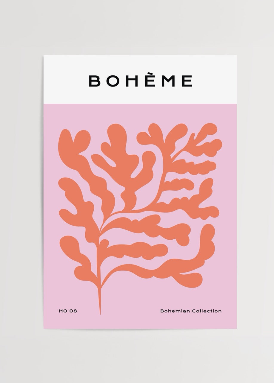 Pembe arka plan üzerine mercan rengi yaprak formuna sahip bohem stil poster