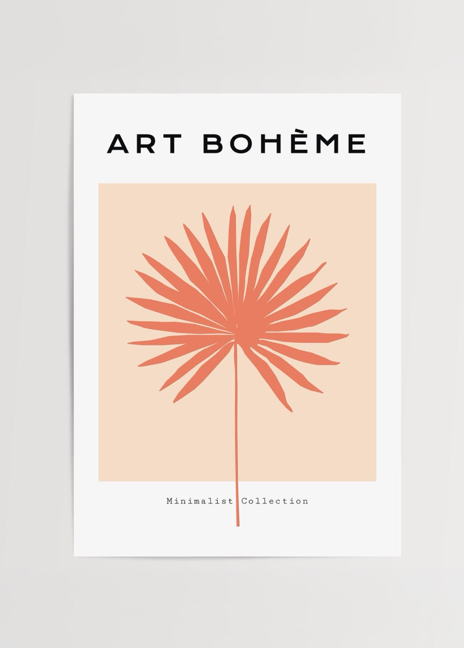 Bej arka planlı, mercan rengi palmiye yaprağı illüstrasyonu içeren minimalist bohem poster