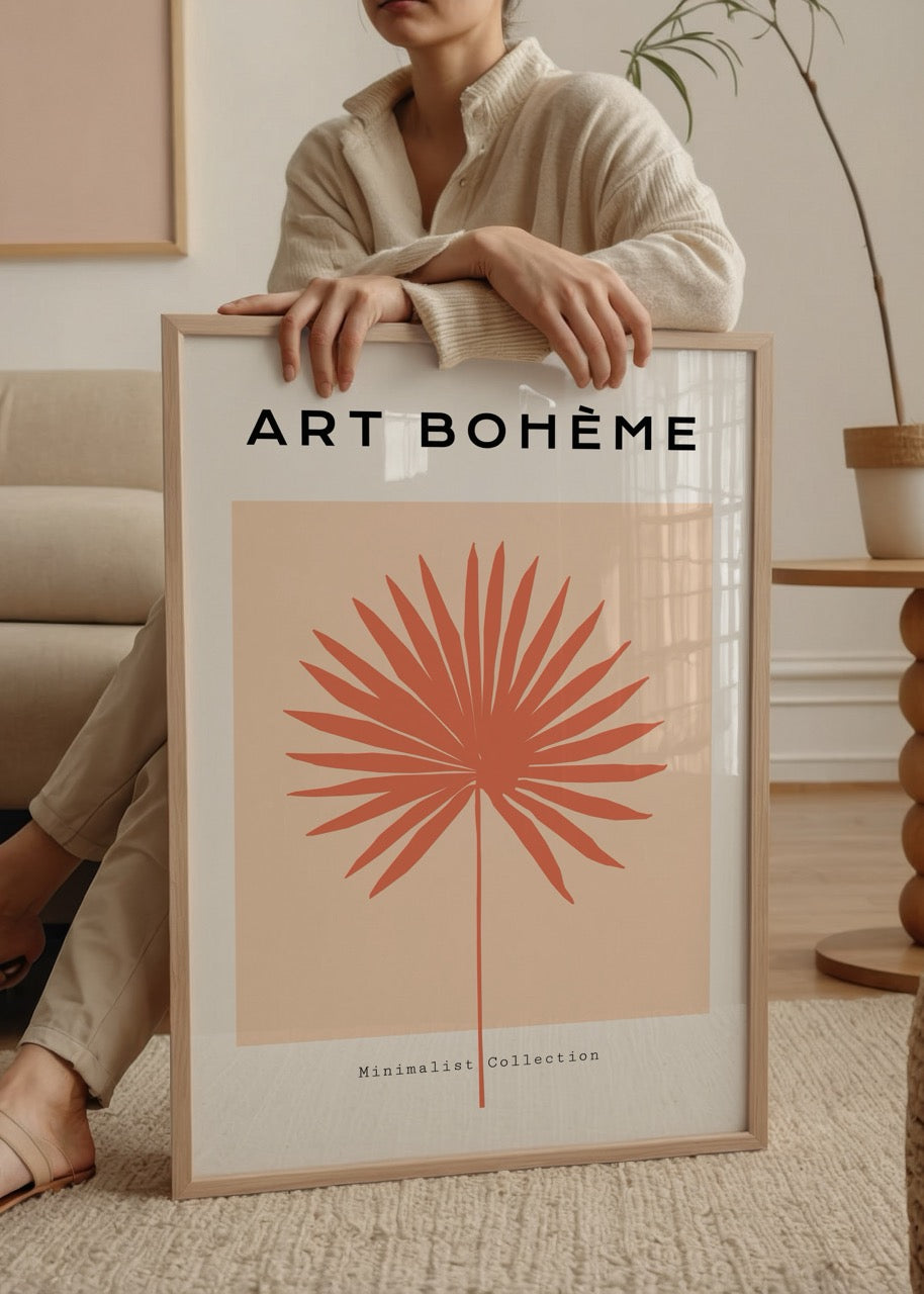 Bej arka planlı, mercan rengi palmiye yaprağı illüstrasyonu içeren minimalist bohem poster
