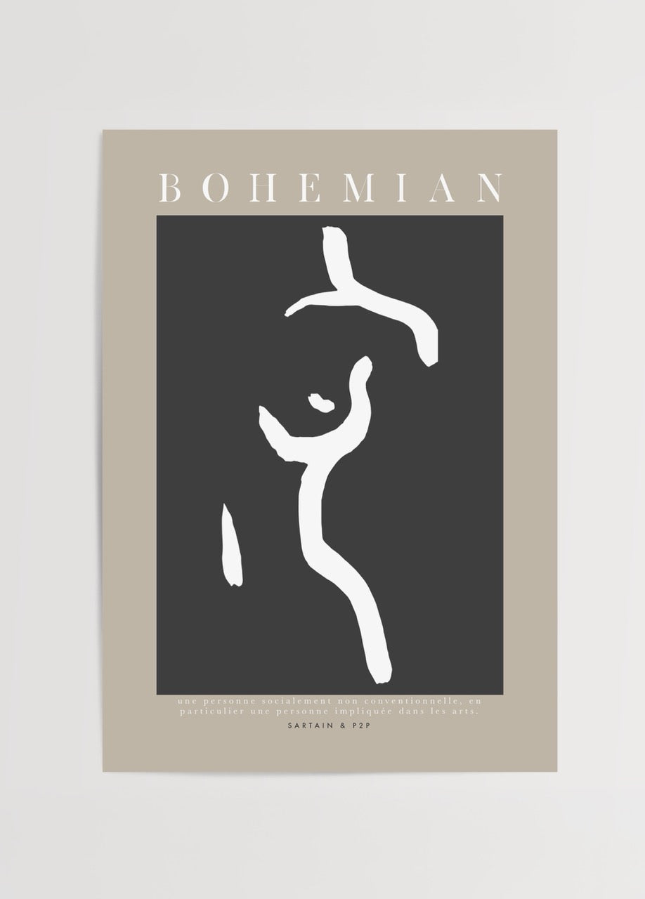 Minimal çizgilerle tasarlanmış bohem figür illüstrasyon posteri, nötr tonlarda modern duvar dekorasyonu.