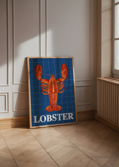Mavi zemin üzerinde kırmızı ıstakoz illüstrasyonu bulunan modern mutfak posteri