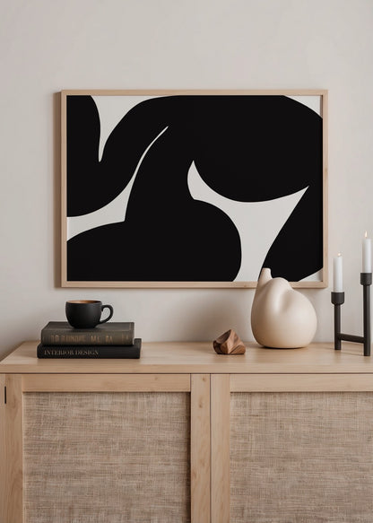 Siyah beyaz soyut formlardan oluşan modern ve minimal çizimli poster tasarımı