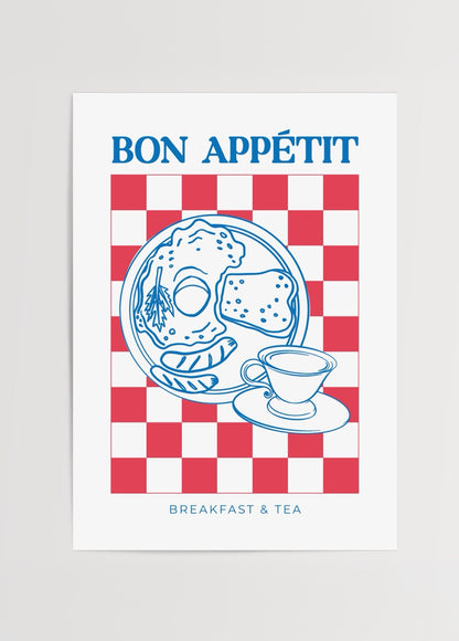 Kahvaltı ve çay illüstrasyonlu Bon Appétit poster baskı