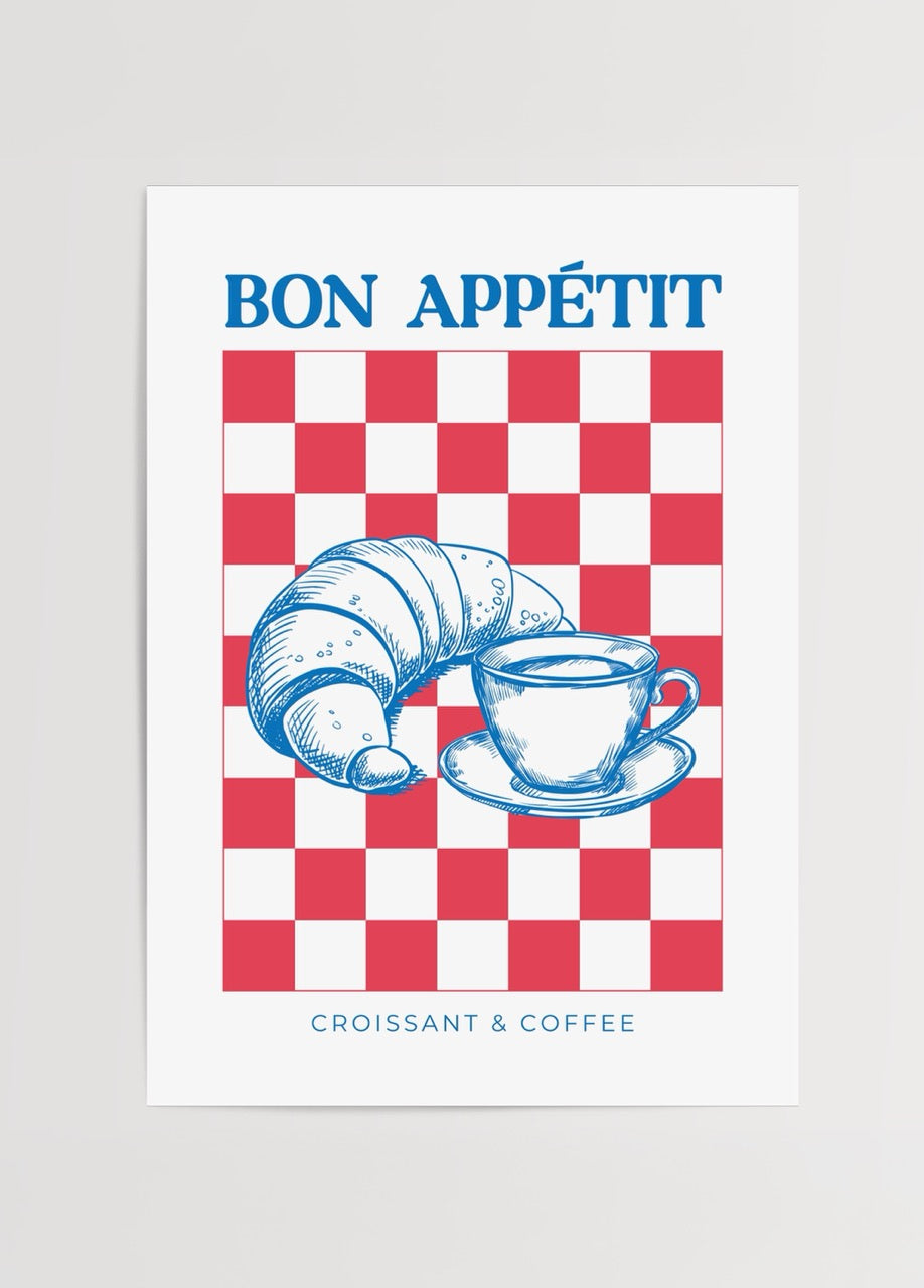 Kruvasan ve kahve illüstrasyonlu Bon Appétit poster baskı
