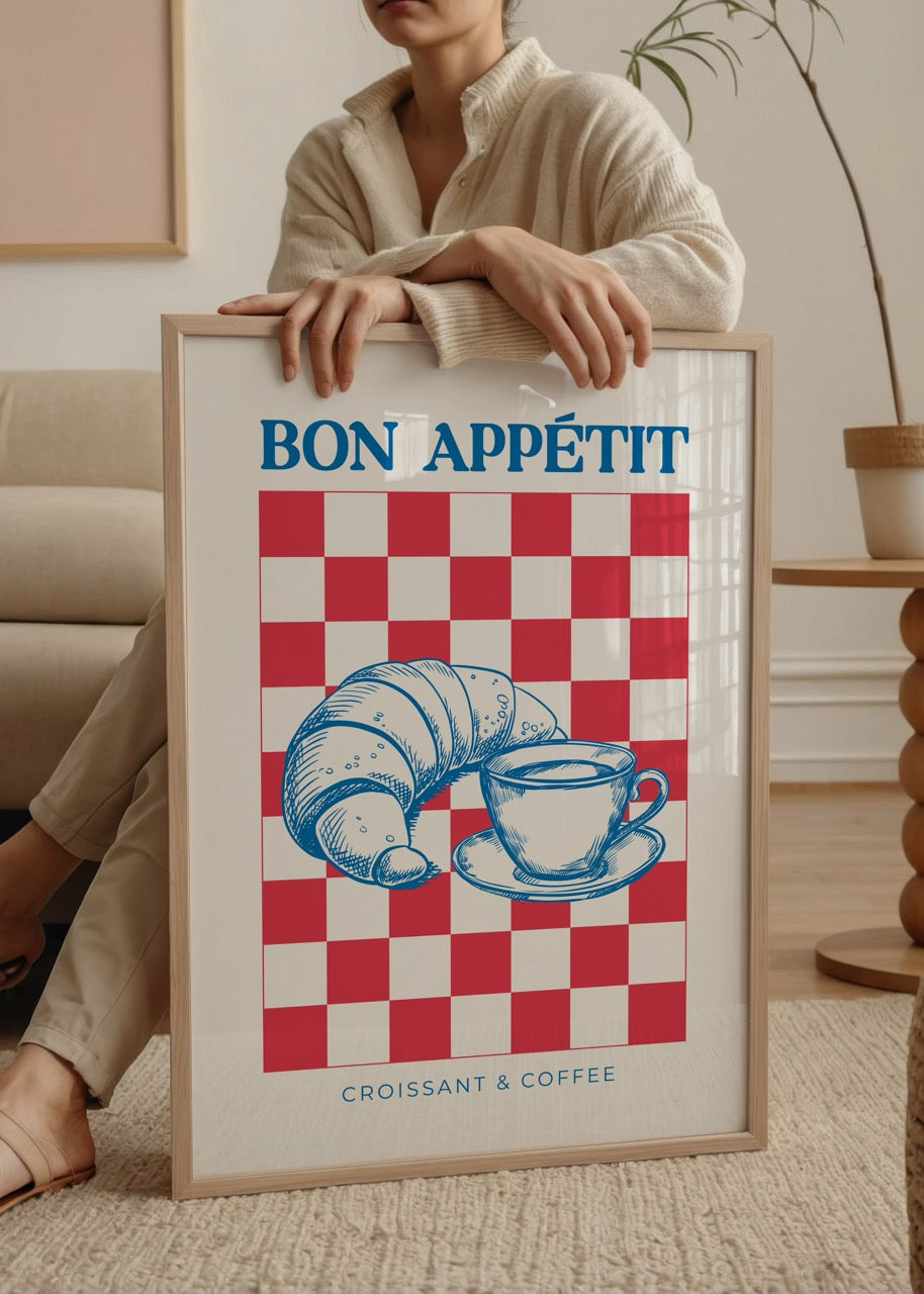 Kruvasan ve kahve illüstrasyonlu Bon Appétit poster baskı