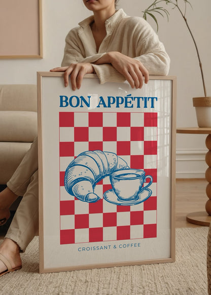 Kruvasan ve kahve illüstrasyonlu Bon Appétit poster baskı