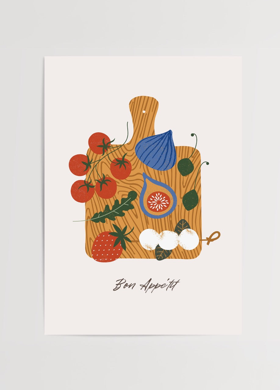 Kesme tahtası üzerinde domates, peynir ve sebzelerle çizilmiş Bon Appétit yazılı mutfak temalı illüstrasyon poster