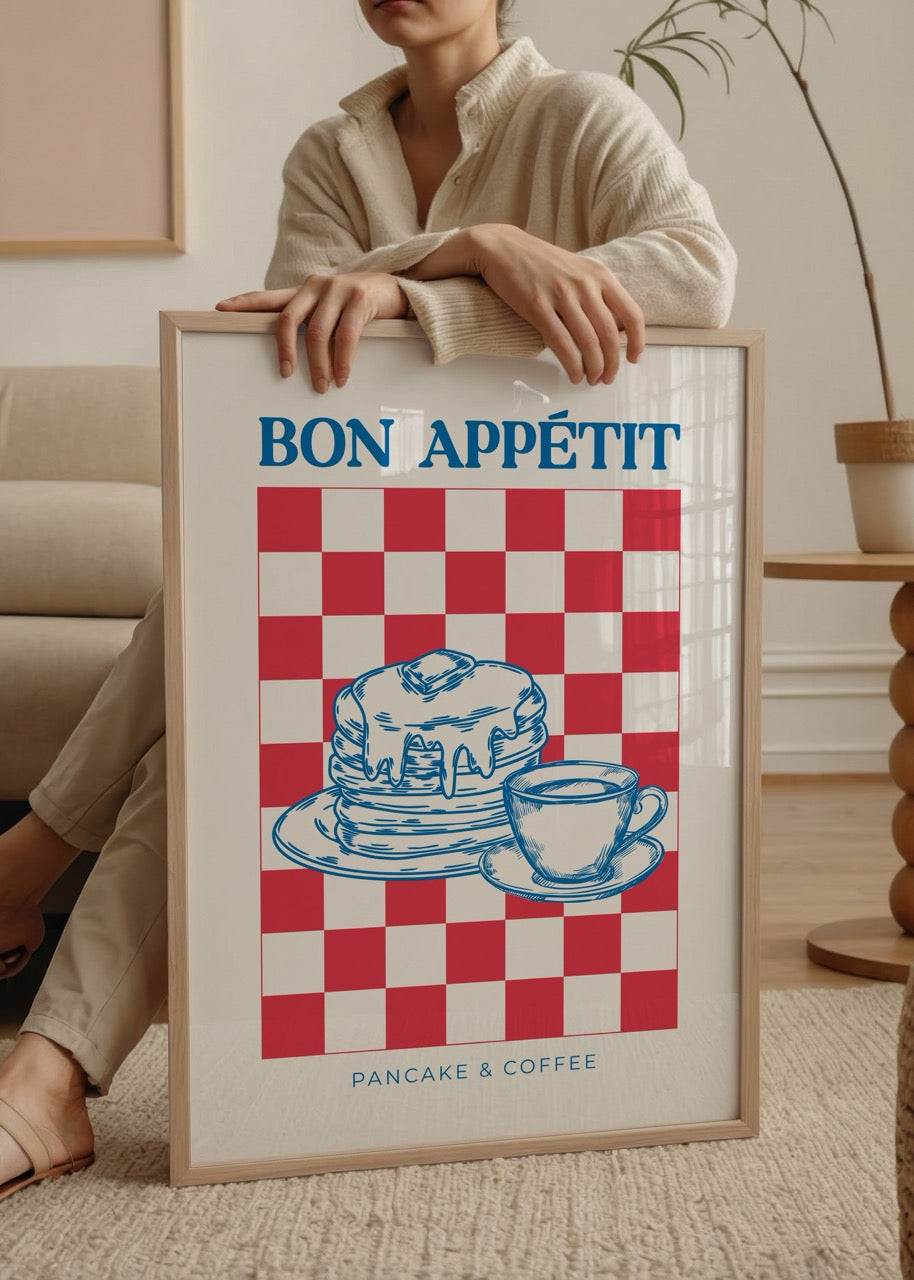 Pancake ve kahve illüstrasyonlu Bon Appétit poster baskı