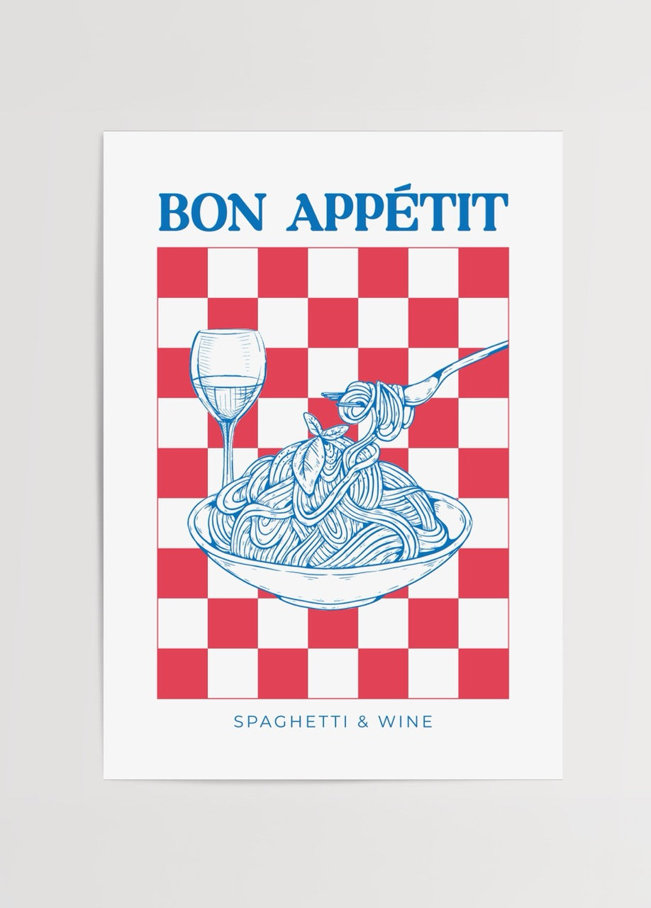 Spagetti ve şarap illüstrasyonlu Bon Appétit poster baskı