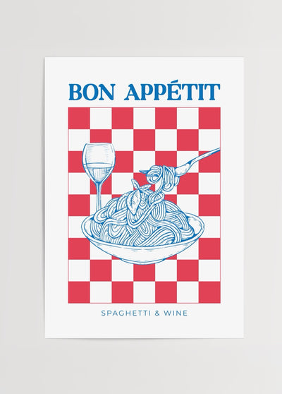 Bon Appétit – Spaghetti & Wine Poster Baskı