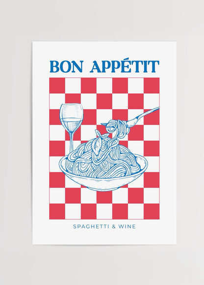 Spagetti ve şarap illüstrasyonlu Bon Appétit poster baskı