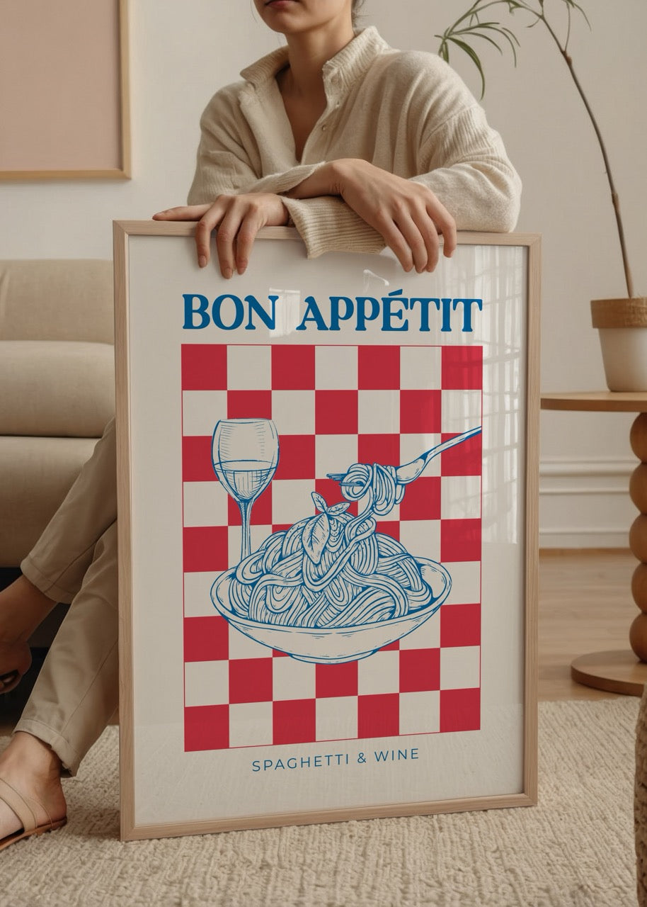Spagetti ve şarap illüstrasyonlu Bon Appétit poster baskı
