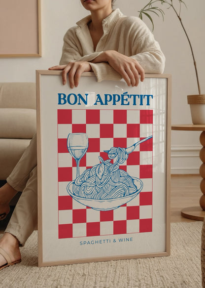 Spagetti ve şarap illüstrasyonlu Bon Appétit poster baskı