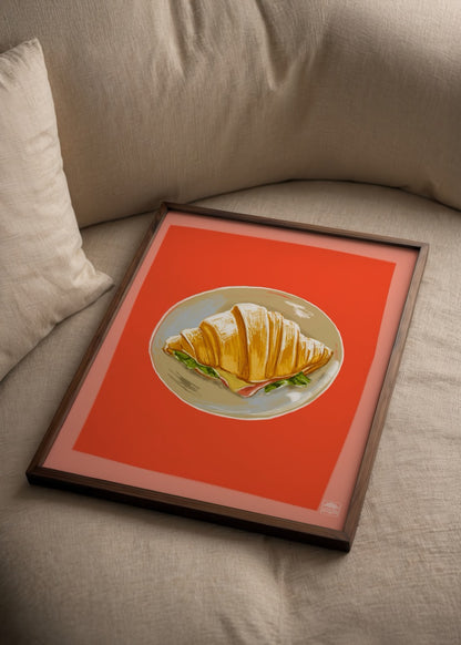 Bonjour Canım posteri, croissant illüstrasyonu ve kırmızı fon üzerine modern tasarım.