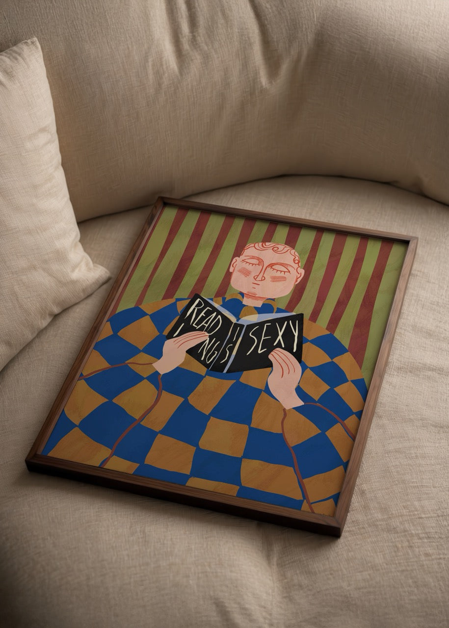 Kitap okuyan figürün modern ve soyut illüstrasyonla betimlendiği sanat posteri