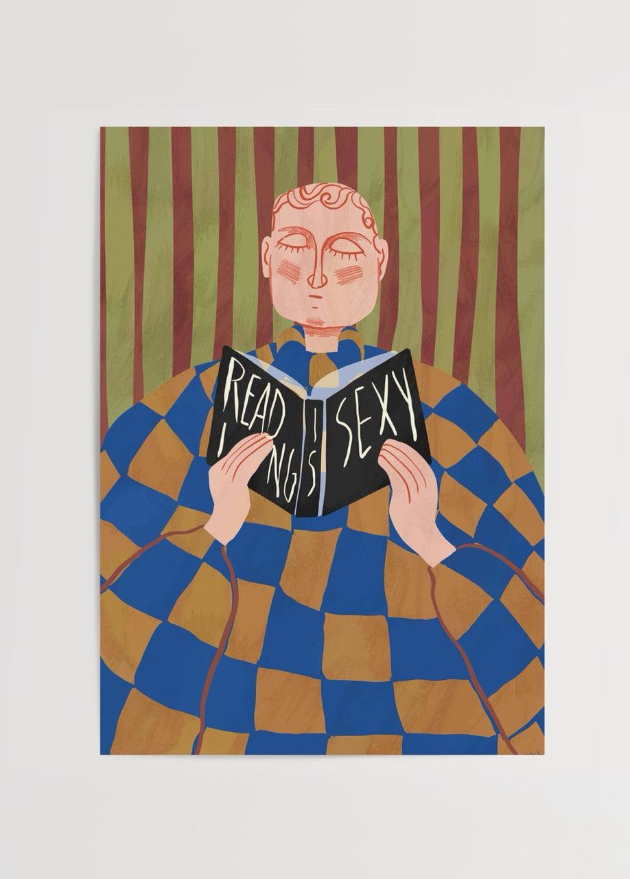 Kitap okuyan figürün modern ve soyut illüstrasyonla betimlendiği sanat posteri