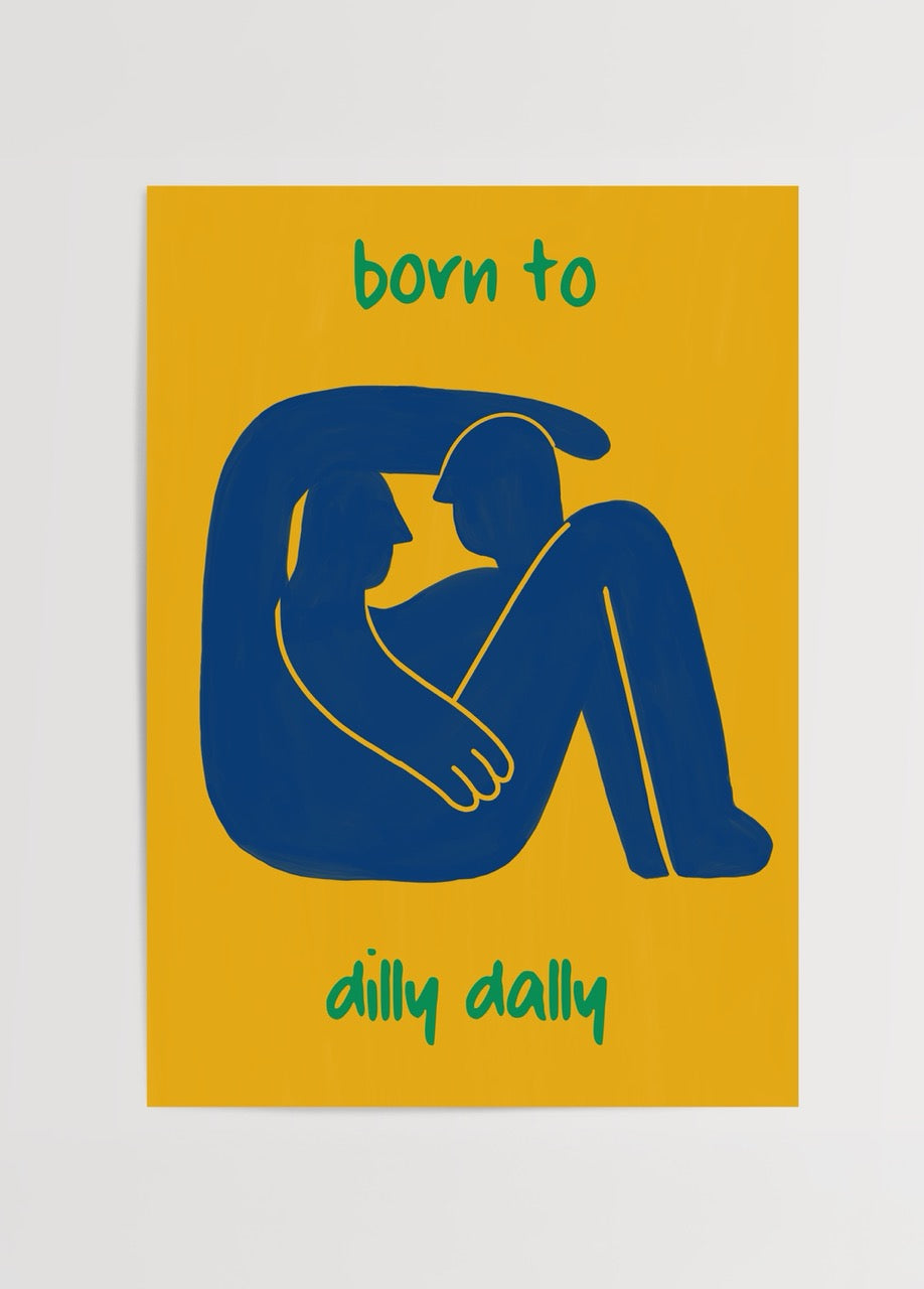 Thola Studio’nun Born posteri, sarı zemin üzerinde lacivert figürlerden oluşan modern ve minimalist soyut sanat posteri baskı.