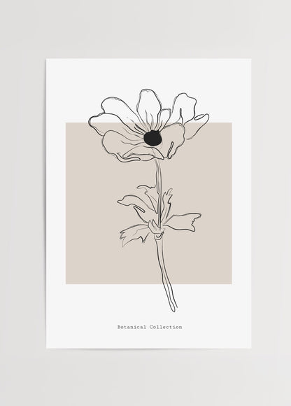 Bej zemin üzerine siyah çizgilerle tasarlanmış soyut çiçek illüstrasyonu ve altında &quot;Botanical Collection&quot; yazılı minimal duvar posteri.