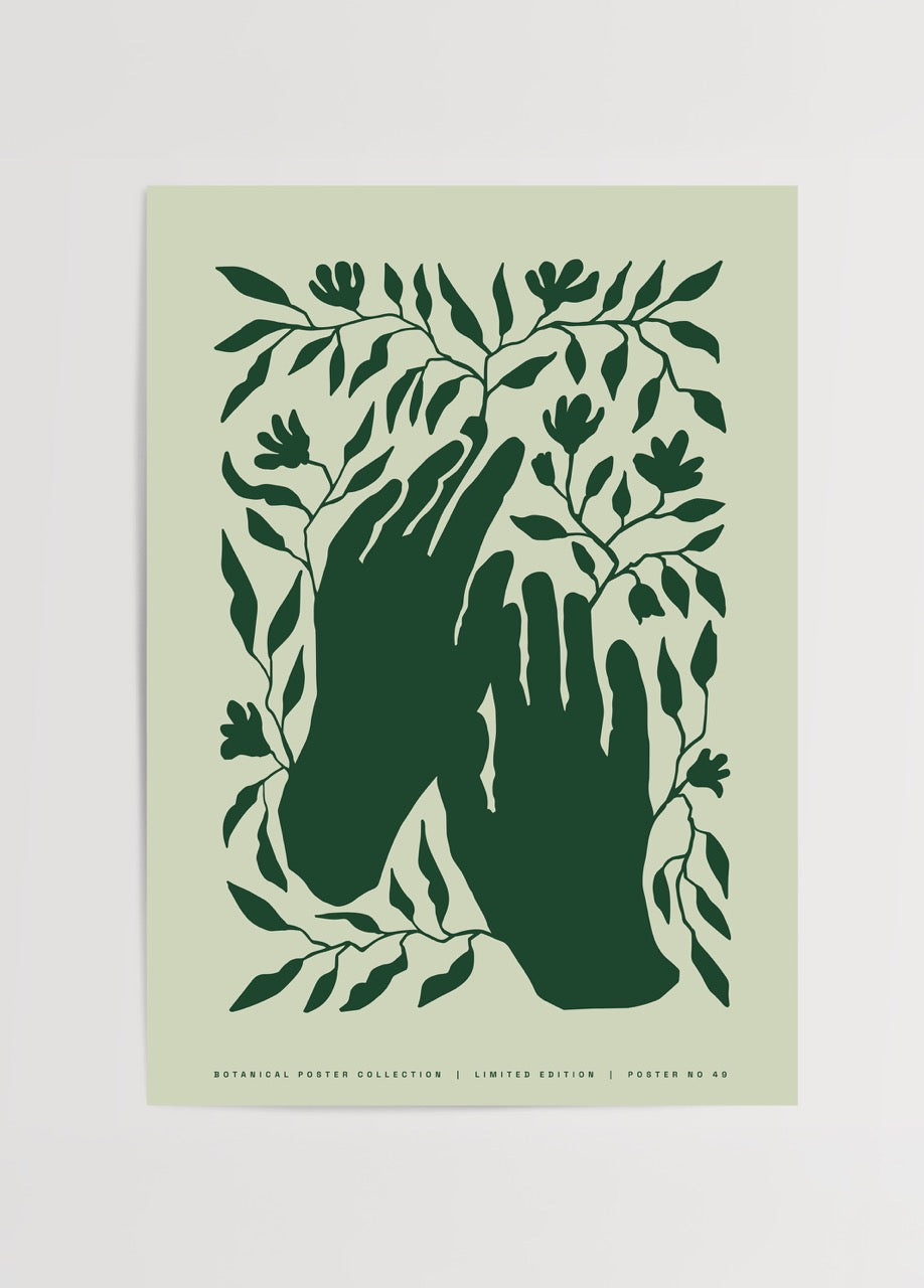 Açık yeşil zemin üzerine koyu yeşil el silüetleri ve yaprak desenleriyle tasarlanmış minimalist botanik poster