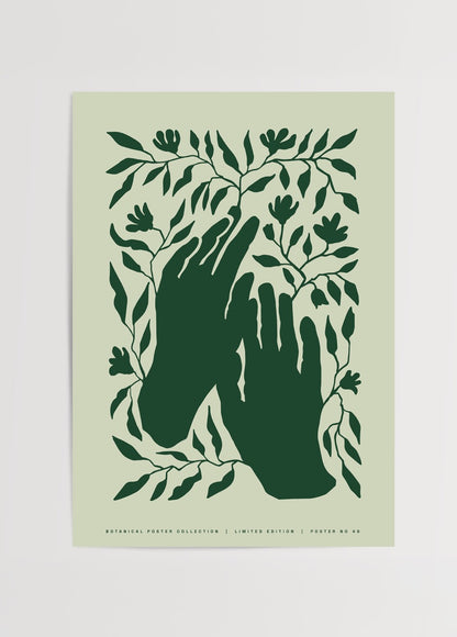 Açık yeşil zemin üzerine koyu yeşil el silüetleri ve yaprak desenleriyle tasarlanmış minimalist botanik poster