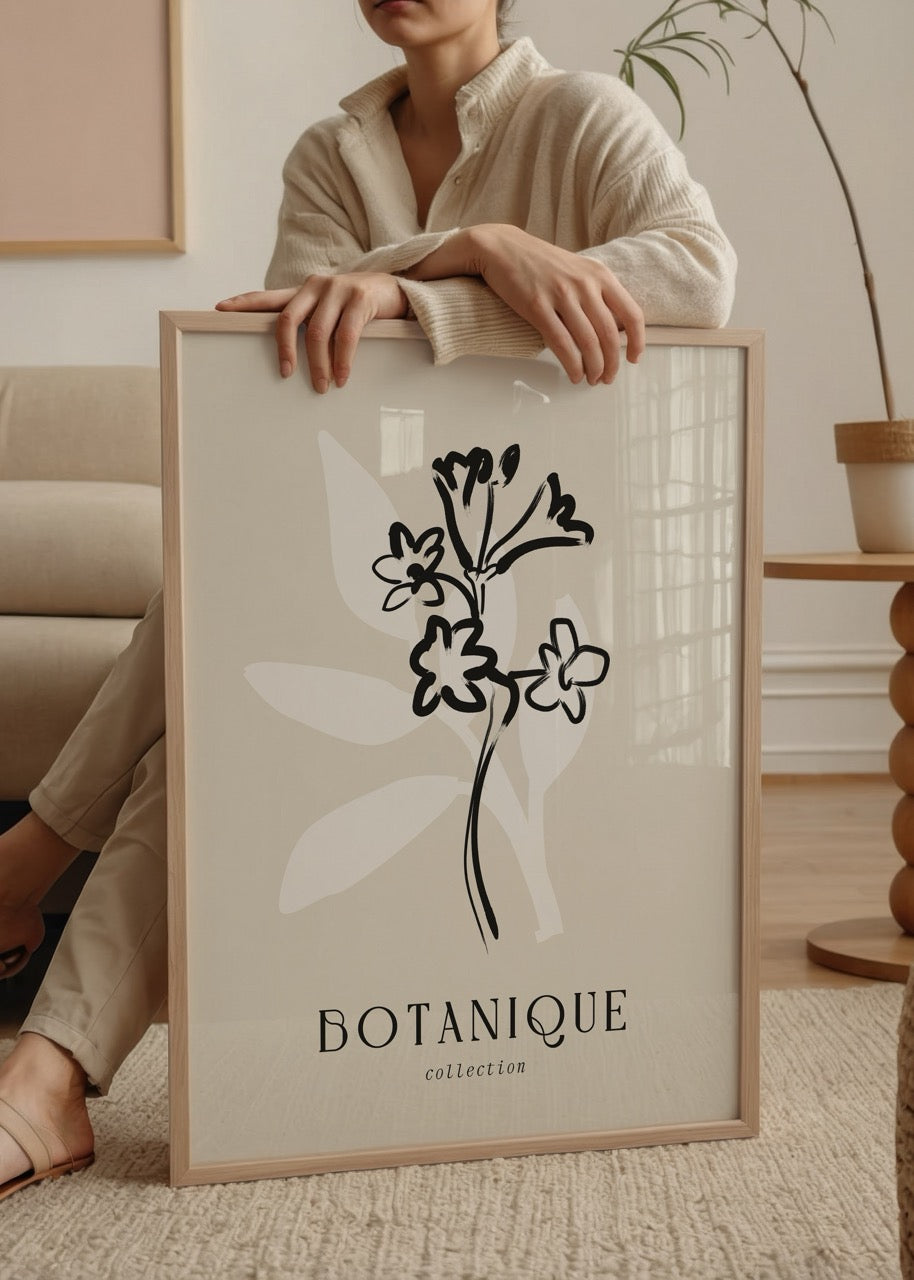 Siyah çizim çiçek figürü ve beyaz yaprak formuyla tasarlanmış Botanique Koleksiyonu posteri