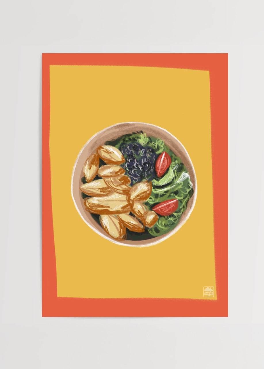 İmge Akbulut tarafından tasarlanan, kase içinde sebze ve patates illüstrasyonlu Bowlsuz Yapamam posteri.