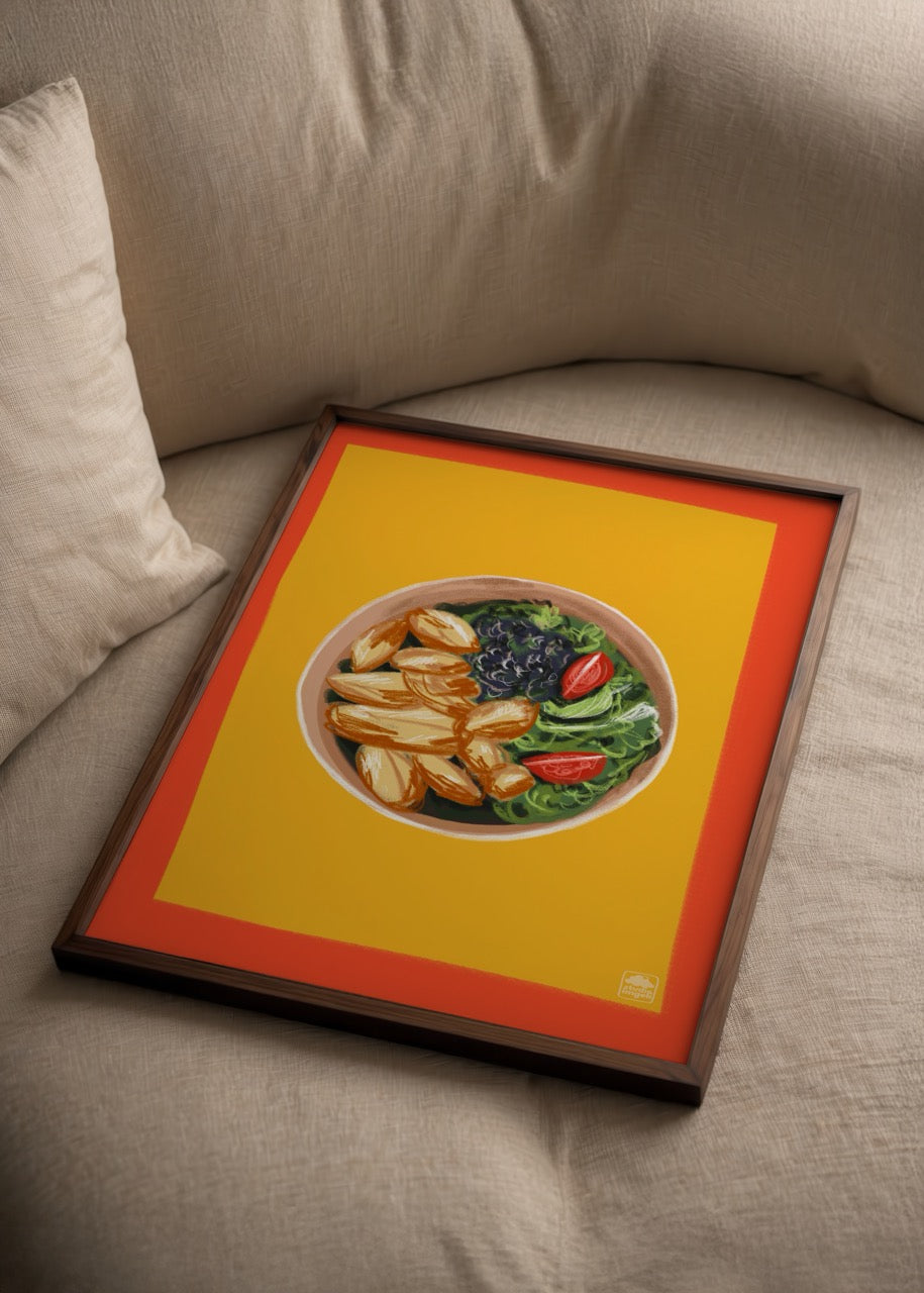 İmge Akbulut tarafından tasarlanan, kase içinde sebze ve patates illüstrasyonlu Bowlsuz Yapamam posteri.